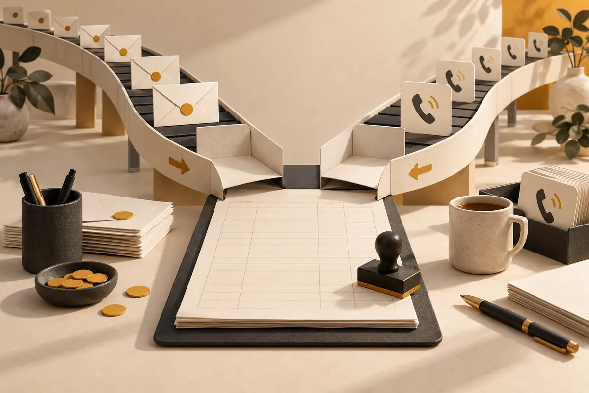 Two paper sales pipelines meeting at a central desk, one flow of outgoing prospect envelopes and one flow of incoming phone-call cards, with blank cost ledger and approval stamp.
