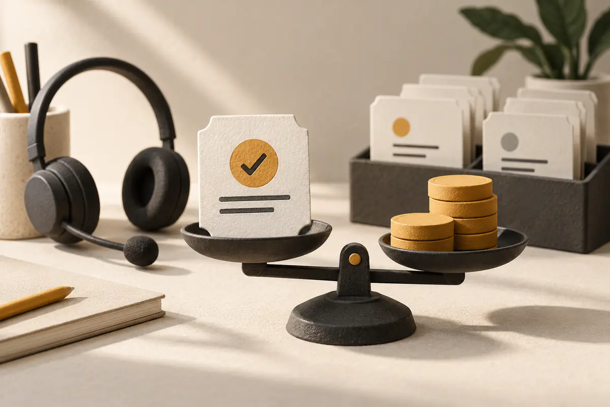 A checked support ticket resting on a small balance scale against ochre cost tokens, a support headset and organized resolution cards in the background.