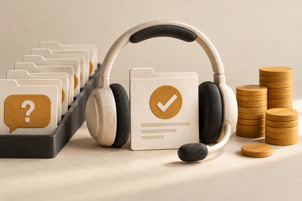 A ceramic support headset encircling a checked customer ticket, neatly queued question cards and modest ochre token stacks, comparing customer-support automation costs.