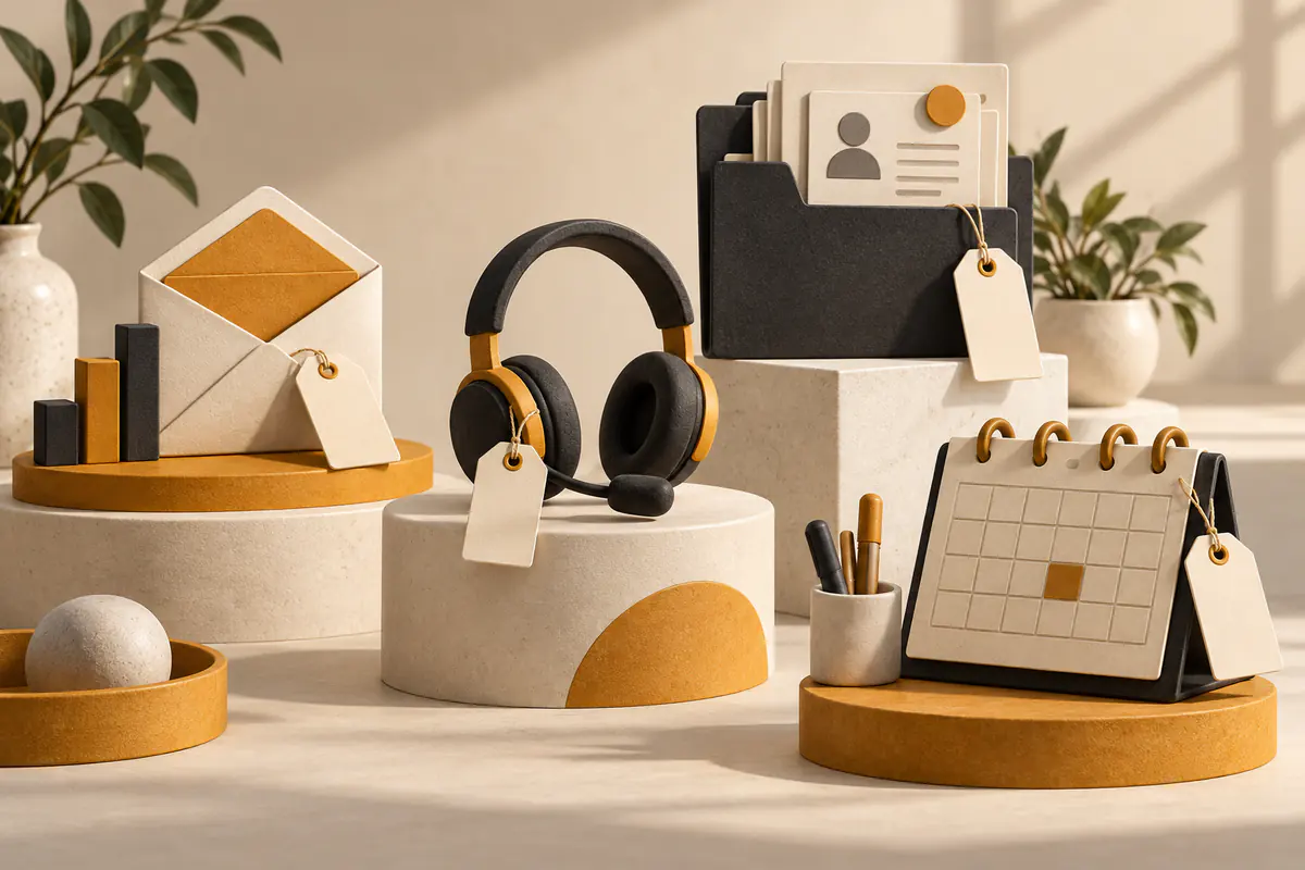 An organized collection of employee role toolkits on ochre-accented ceramic plinths: sales envelope, support headset, recruiting folder and administrative calendar, each with a blank price tag.