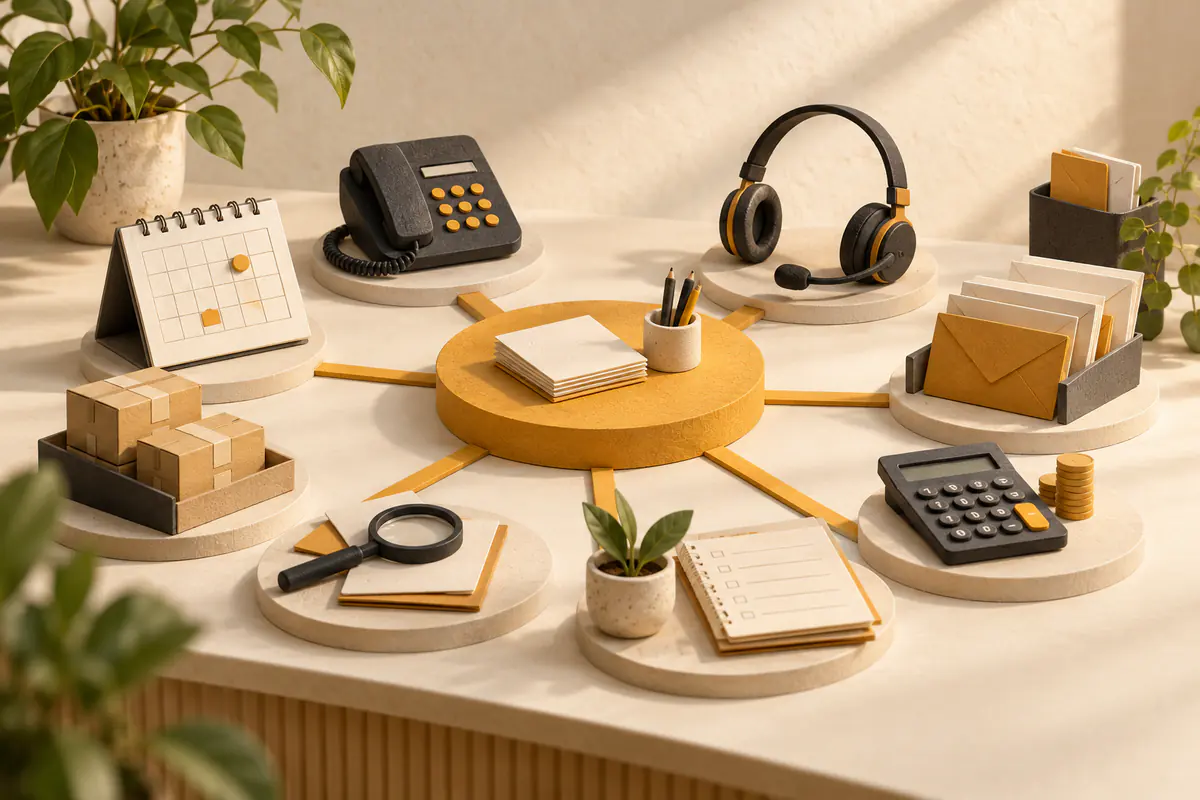 A miniature small-business counter with a phone, support headset, order envelopes and a calendar arranged as coordinated role toolkits around an ochre central task hub.