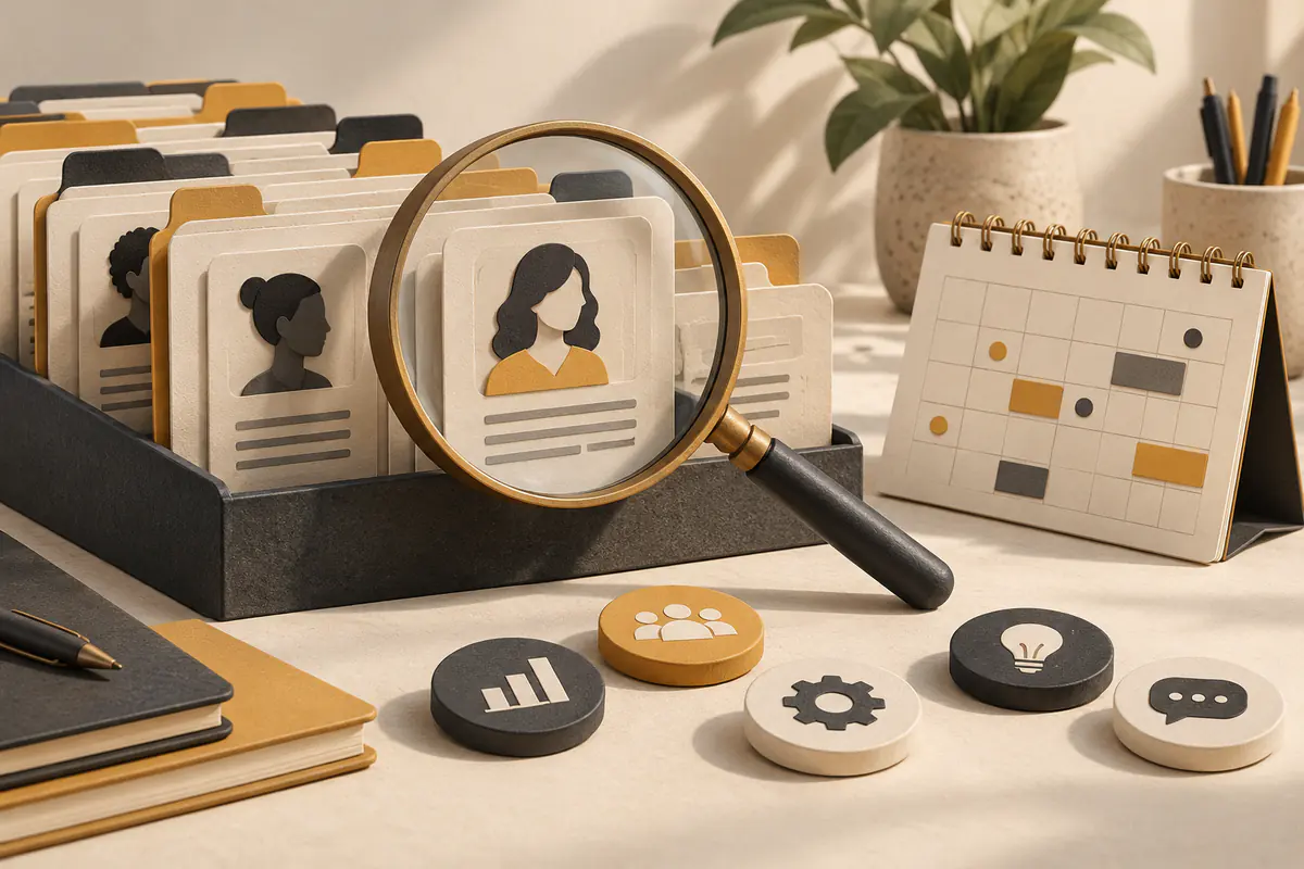 A magnifying glass inspecting a neatly organized stack of candidate profile folders beside an interview calendar and matching skill-token shapes, thoughtful recruiting-tool comparison.
