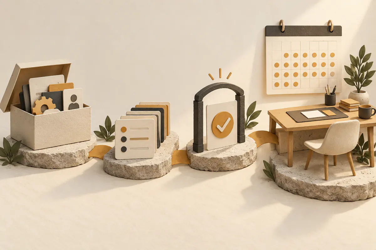 Four sequential stepping stones leading from an unopened role toolkit through supervised task cards and approval gates to an orderly working desk, a calendar marking a month of onboarding.