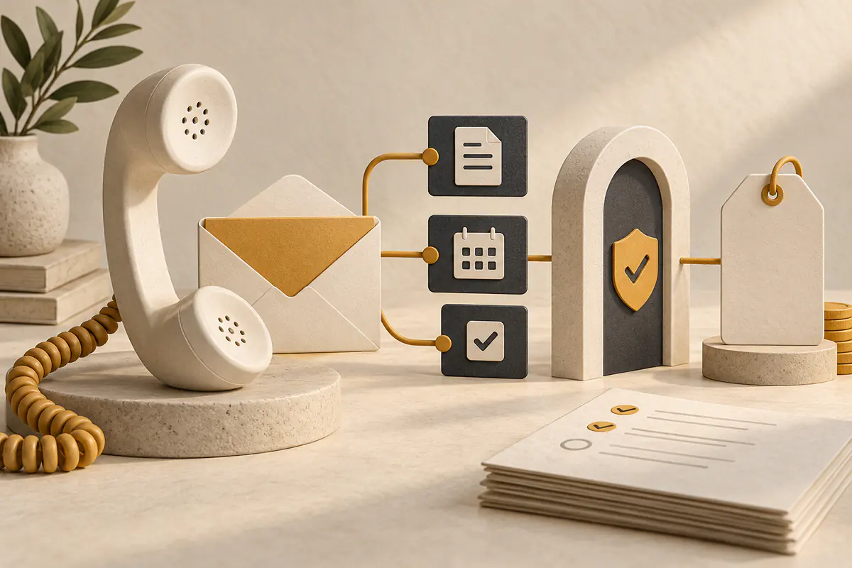 A dedicated ceramic telephone handset, envelope and branching task tiles beside a protective approval gate and a blank plan-price tag, balanced review of assistant features and limits.