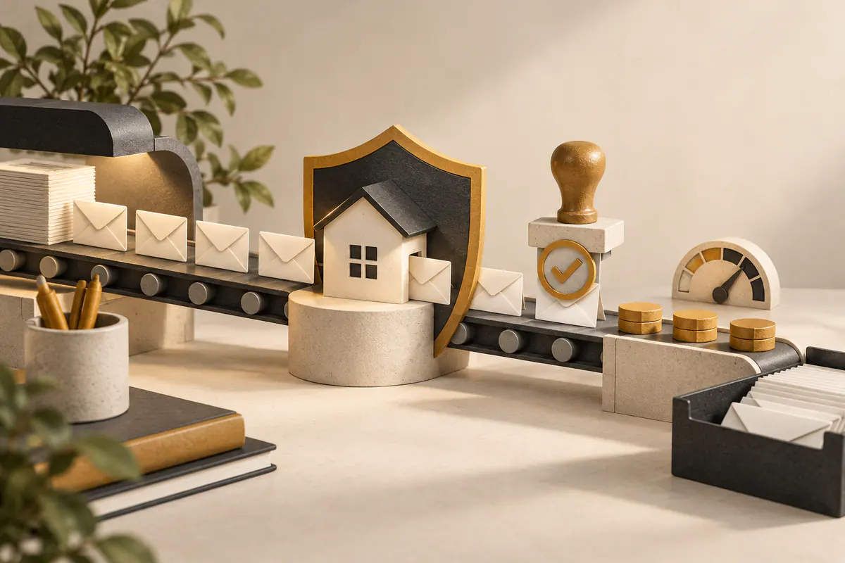A careful outbound-email pipeline passing through a shield around a small domain-house symbol, an approval stamp and measured pacing tokens before envelopes reach the send tray.