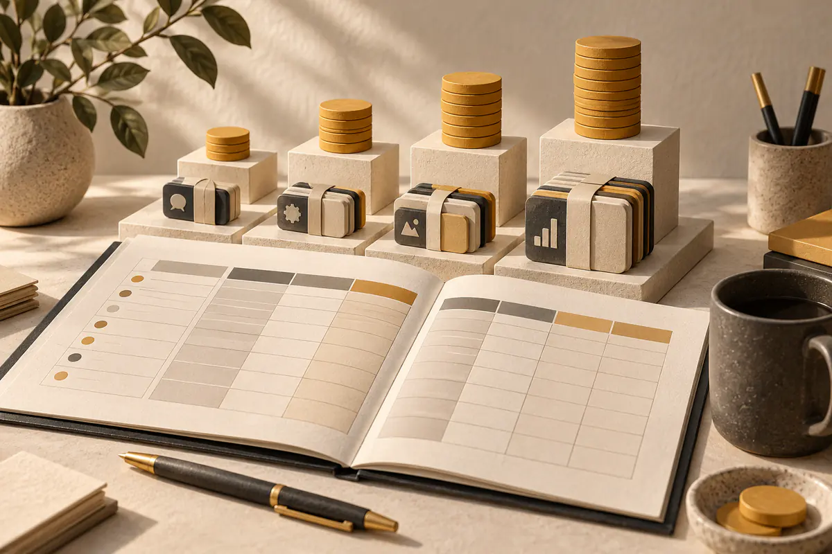An open budget worksheet with abstract unlettered columns, several differently sized ochre credit-token stacks and neatly bundled role tools, practical AI employee cost planning.