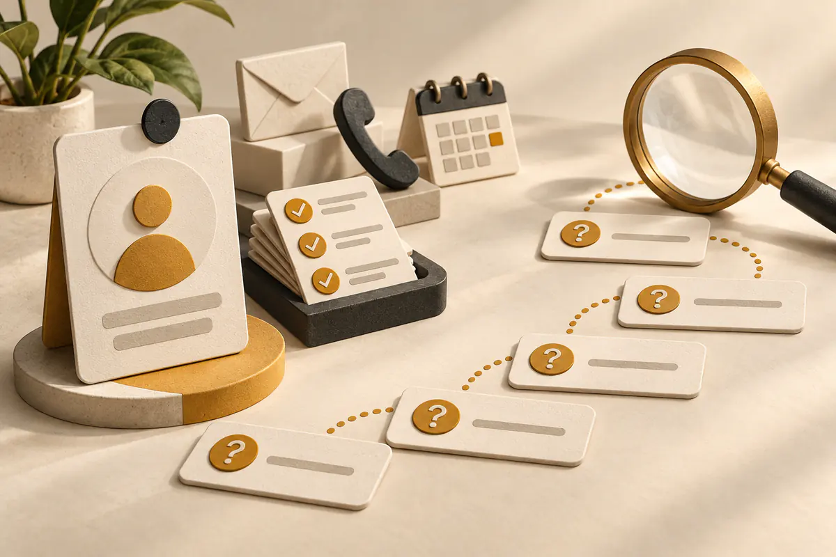 A professional role badge stands beside an envelope, phone, calendar and checked task cards, with question cards forming an inspection path under a magnifying glass.
